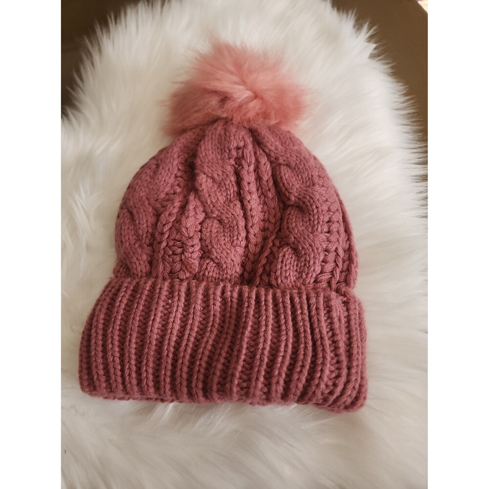 Pink Cable Knit Beanie with Pom Pom